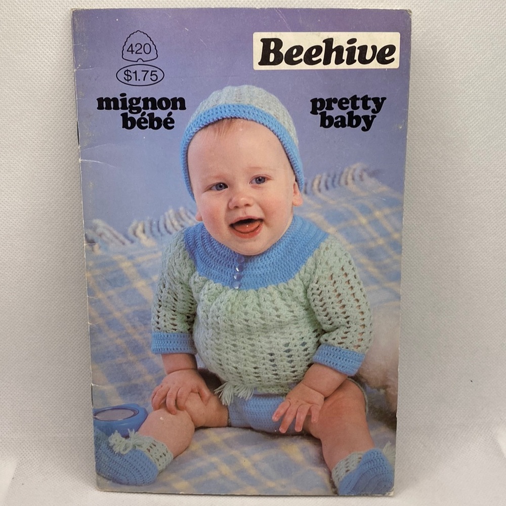 Beehive Pretty Baby Cardigan Afghan Hat Mittens Dress Coat Pattern Booklet 420